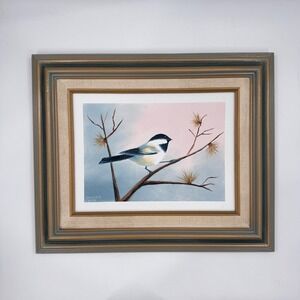 Vintage Chickadee Oil Painting Signed Myrna Framed 17x14